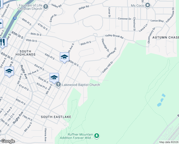 map of restaurants, bars, coffee shops, grocery stores, and more near 8505 Val Bark Circle in Birmingham