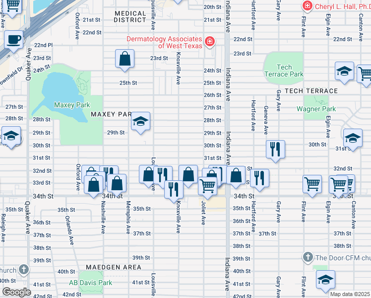map of restaurants, bars, coffee shops, grocery stores, and more near 3520 30th Street in Lubbock