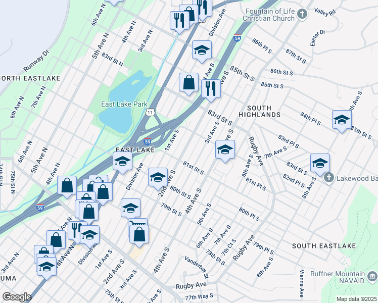 map of restaurants, bars, coffee shops, grocery stores, and more near 8125 2nd Avenue South in Birmingham
