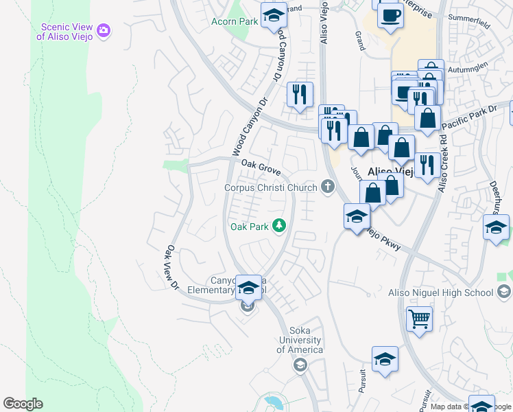 map of restaurants, bars, coffee shops, grocery stores, and more near 12 Southside Court in Aliso Viejo
