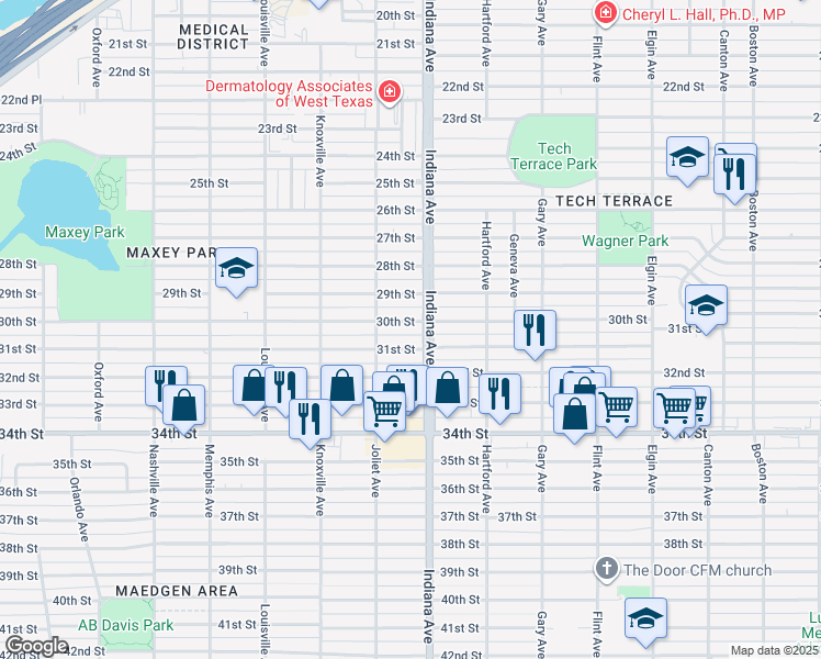 map of restaurants, bars, coffee shops, grocery stores, and more near 3414 30th Street in Lubbock