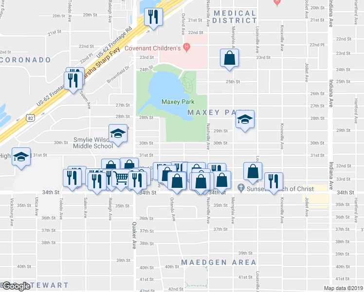 map of restaurants, bars, coffee shops, grocery stores, and more near 4101 30th Street in Lubbock