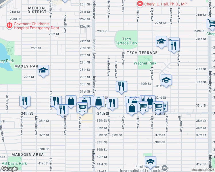 map of restaurants, bars, coffee shops, grocery stores, and more near 3304 30th Street in Lubbock