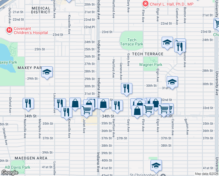 map of restaurants, bars, coffee shops, grocery stores, and more near 3304 30th Street in Lubbock