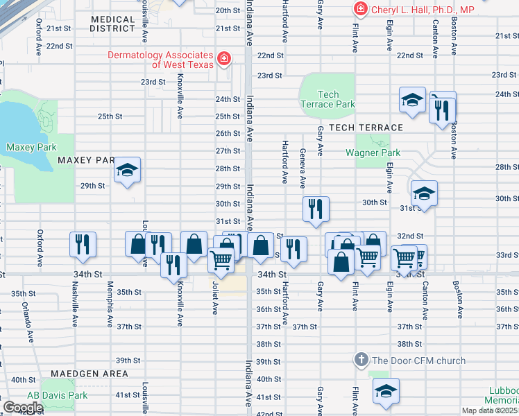 map of restaurants, bars, coffee shops, grocery stores, and more near 3318 30th Street in Lubbock