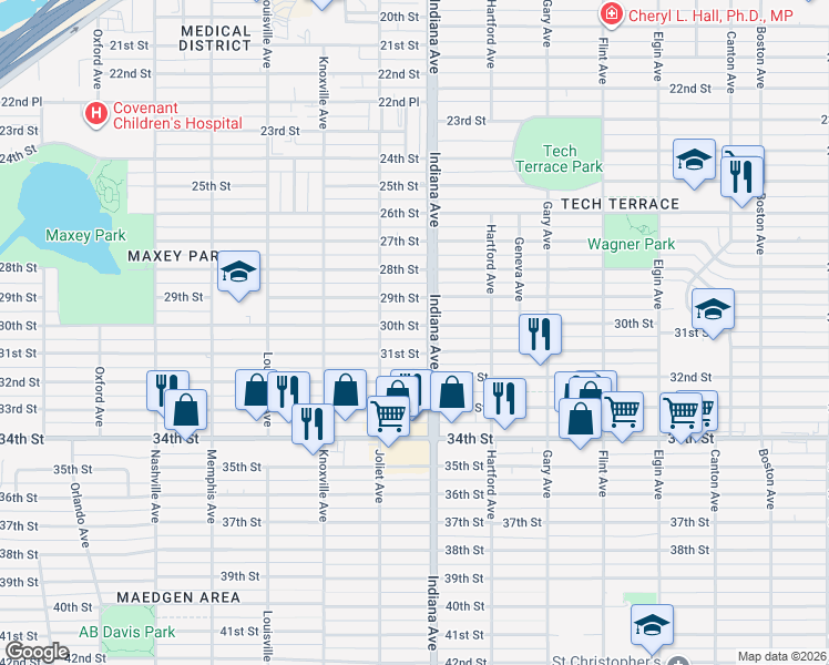 map of restaurants, bars, coffee shops, grocery stores, and more near 3414 30th Street in Lubbock