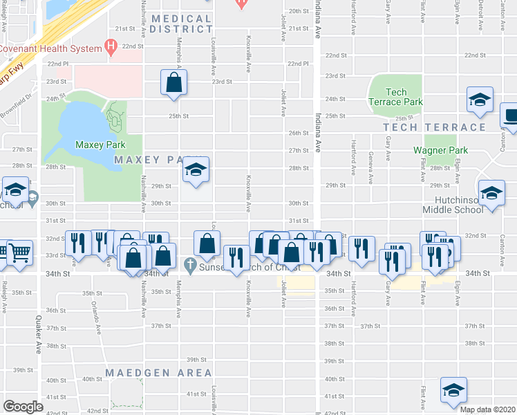 map of restaurants, bars, coffee shops, grocery stores, and more near 3520 30th Street in Lubbock