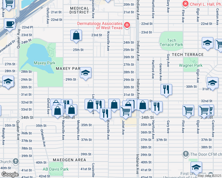 map of restaurants, bars, coffee shops, grocery stores, and more near 3520 30th Street in Lubbock