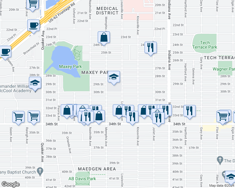 map of restaurants, bars, coffee shops, grocery stores, and more near 3703 30th Street in Lubbock