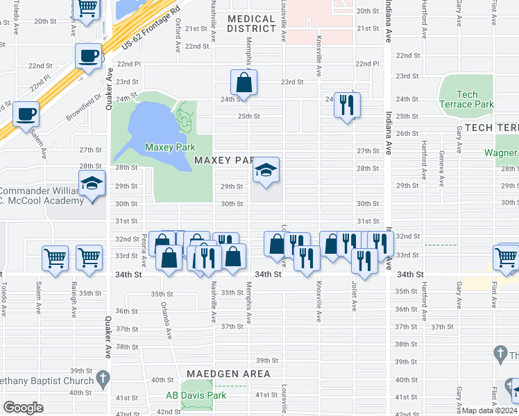 map of restaurants, bars, coffee shops, grocery stores, and more near 3802 30th Street in Lubbock