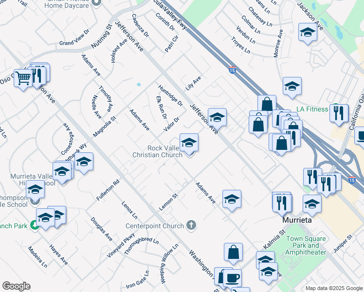 map of restaurants, bars, coffee shops, grocery stores, and more near 24274 Burlwood Street in Murrieta