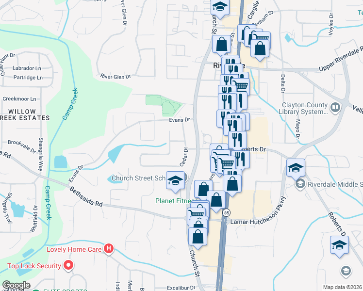 map of restaurants, bars, coffee shops, grocery stores, and more near 6895 Cedar Drive in Riverdale