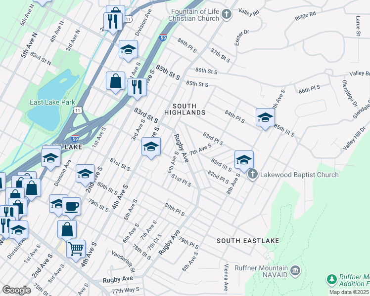 map of restaurants, bars, coffee shops, grocery stores, and more near 8230 Rugby Avenue in Birmingham