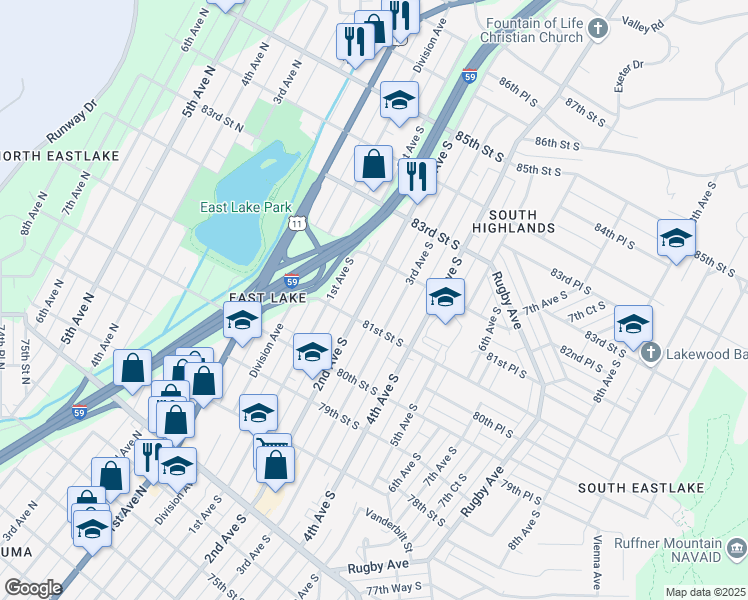 map of restaurants, bars, coffee shops, grocery stores, and more near 8126 2nd Avenue South in Birmingham