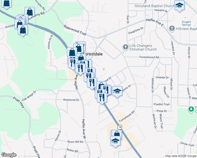 map of restaurants, bars, coffee shops, grocery stores, and more near 236 Walker Road in Birmingham
