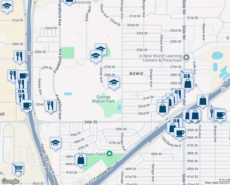 map of restaurants, bars, coffee shops, grocery stores, and more near 2902 Chicago Avenue in Lubbock