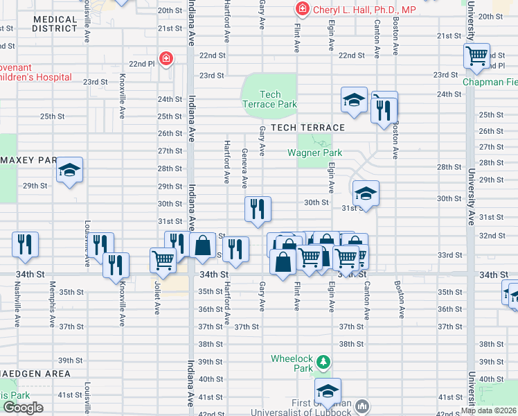 map of restaurants, bars, coffee shops, grocery stores, and more near 3118 30th Street in Lubbock