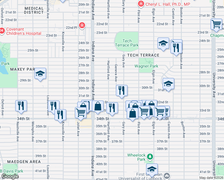 map of restaurants, bars, coffee shops, grocery stores, and more near 3210 30th Street in Lubbock
