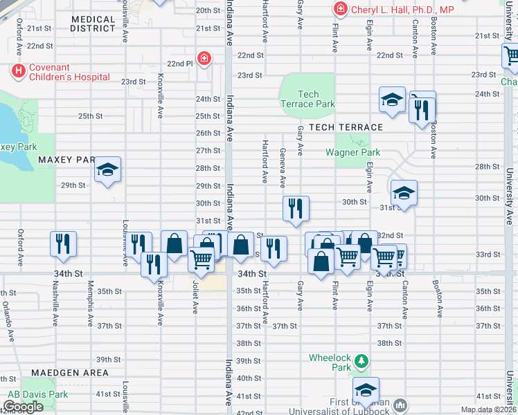 map of restaurants, bars, coffee shops, grocery stores, and more near 3304 30th Street in Lubbock
