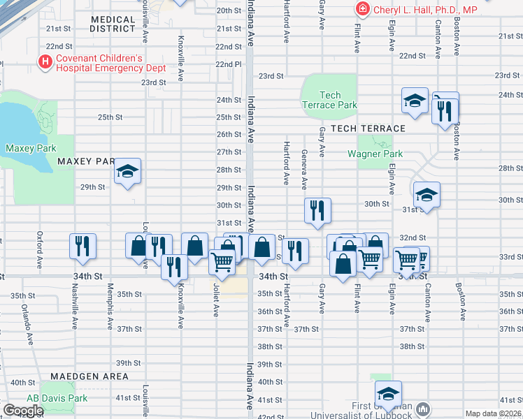 map of restaurants, bars, coffee shops, grocery stores, and more near 3318 30th Street in Lubbock