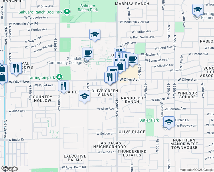map of restaurants, bars, coffee shops, grocery stores, and more near 5959 West Olive Avenue in Glendale