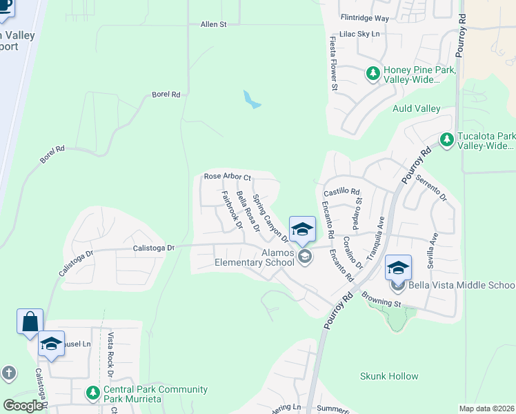 map of restaurants, bars, coffee shops, grocery stores, and more near 38080 Spring Canyon Drive in Murrieta