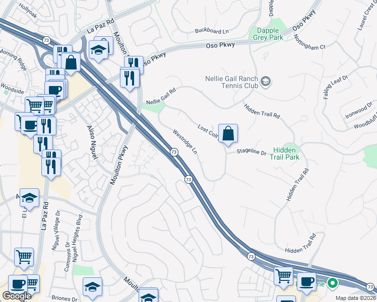 map of restaurants, bars, coffee shops, grocery stores, and more near 27241 Westridge Lane in Laguna Hills