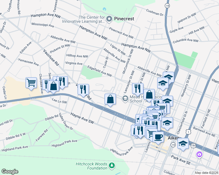 map of restaurants, bars, coffee shops, grocery stores, and more near 100 Council Circle Northwest in Aiken