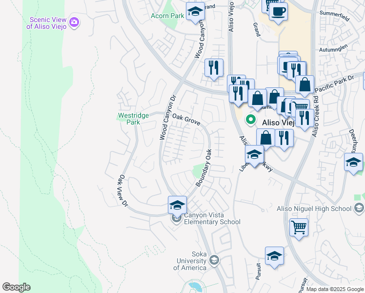 map of restaurants, bars, coffee shops, grocery stores, and more near 12 Southside Court in Aliso Viejo