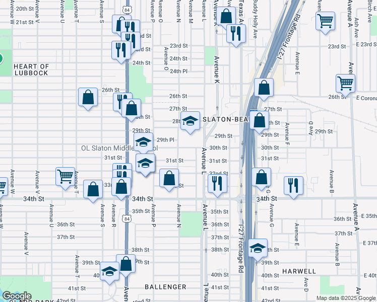 map of restaurants, bars, coffee shops, grocery stores, and more near 1307 30th Street in Lubbock