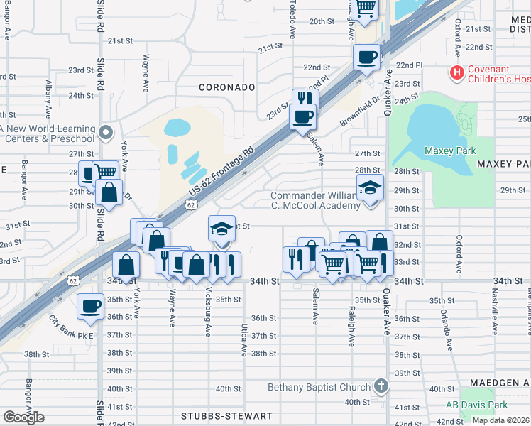 map of restaurants, bars, coffee shops, grocery stores, and more near 4628 30th Street in Lubbock