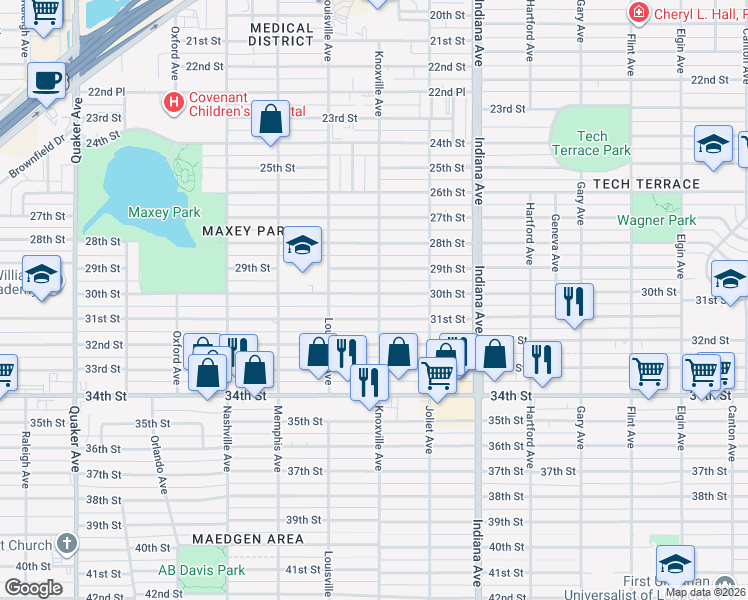 map of restaurants, bars, coffee shops, grocery stores, and more near 3520 30th Street in Lubbock