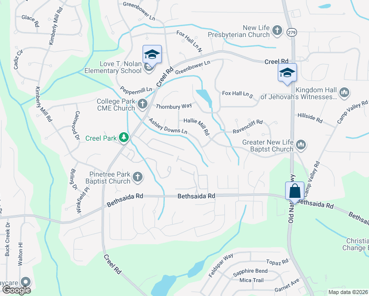 map of restaurants, bars, coffee shops, grocery stores, and more near 1612 Pine Tree Trail in College Park