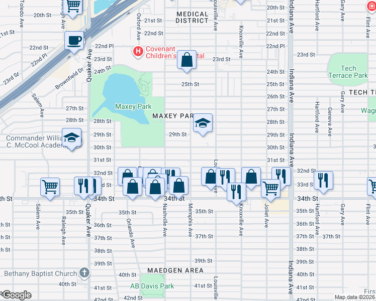 map of restaurants, bars, coffee shops, grocery stores, and more near 3801 30th Street in Lubbock