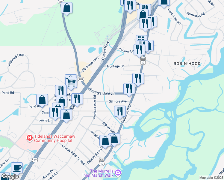 map of restaurants, bars, coffee shops, grocery stores, and more near in Murrells Inlet