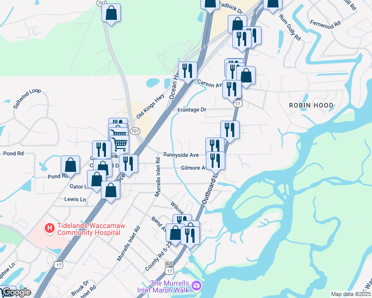 map of restaurants, bars, coffee shops, grocery stores, and more near in Murrells Inlet
