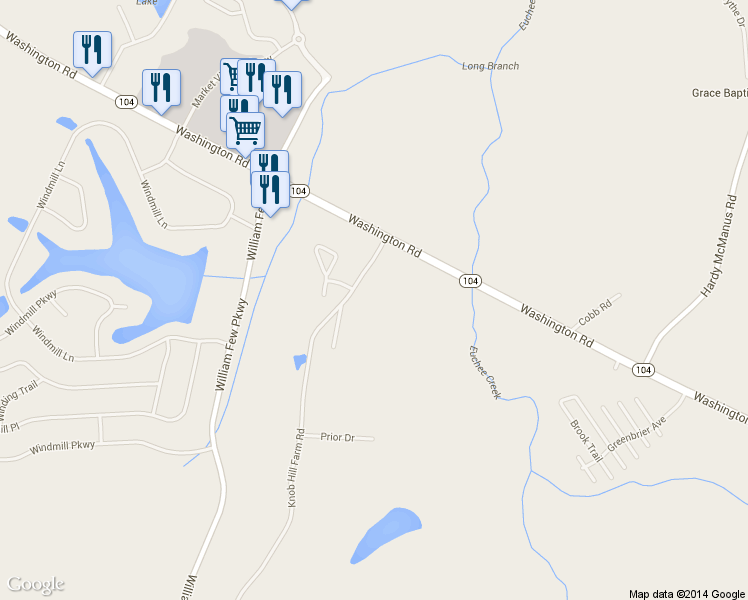 map of restaurants, bars, coffee shops, grocery stores, and more near 2813 Knob Hill Farm Road in Evans