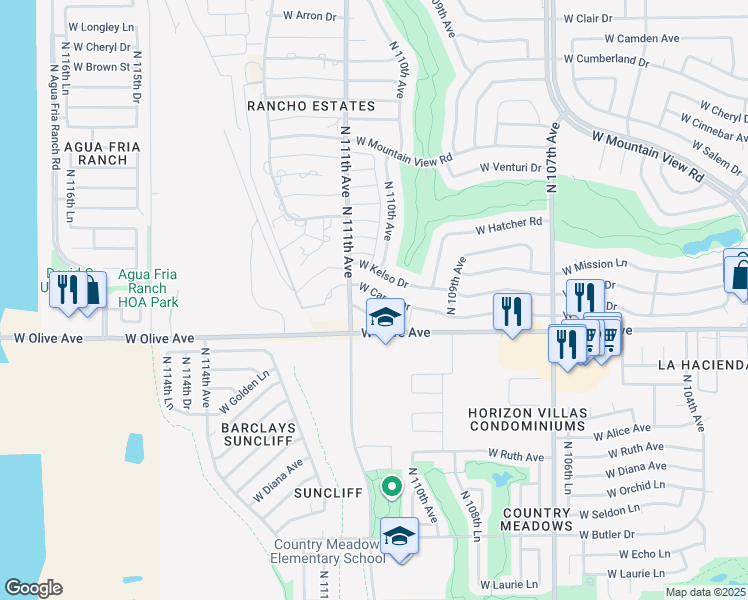 map of restaurants, bars, coffee shops, grocery stores, and more near 11035 West Caron Drive in Sun City