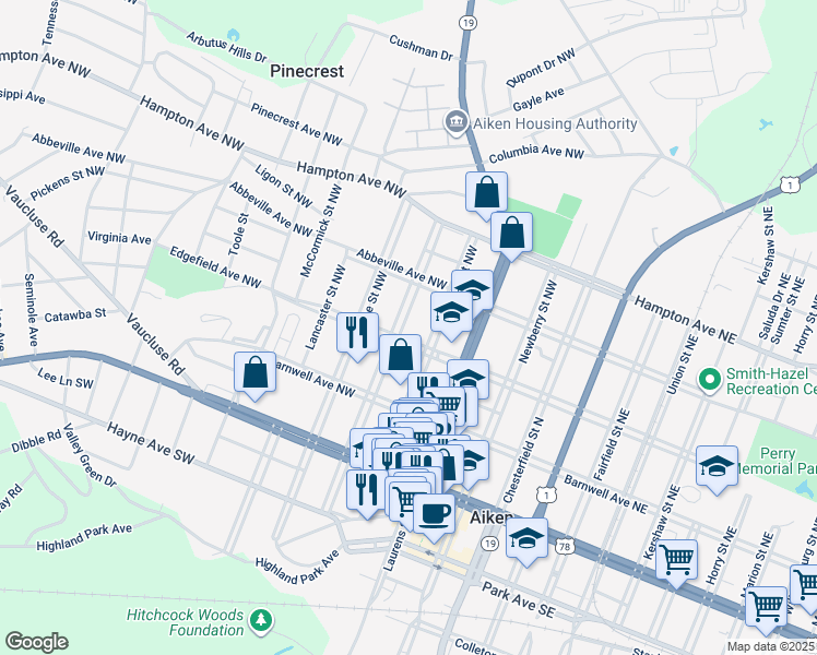 map of restaurants, bars, coffee shops, grocery stores, and more near 312 Greenville Street Northwest in Aiken