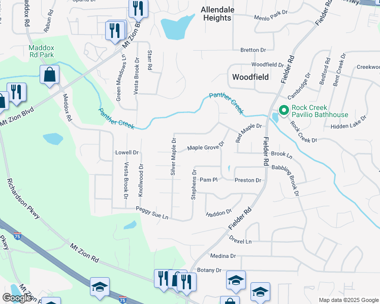 map of restaurants, bars, coffee shops, grocery stores, and more near 6877 Maple Grove Court in Rex