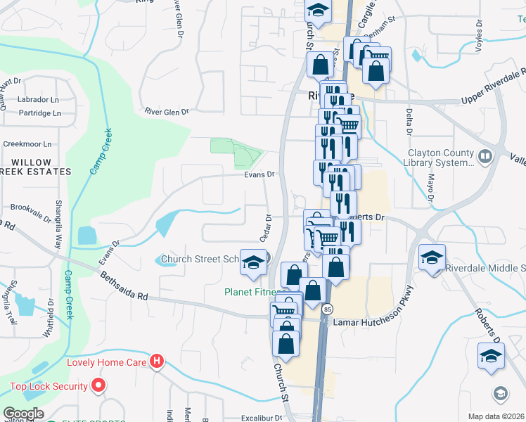map of restaurants, bars, coffee shops, grocery stores, and more near 6895 Cedar Dr in Riverdale
