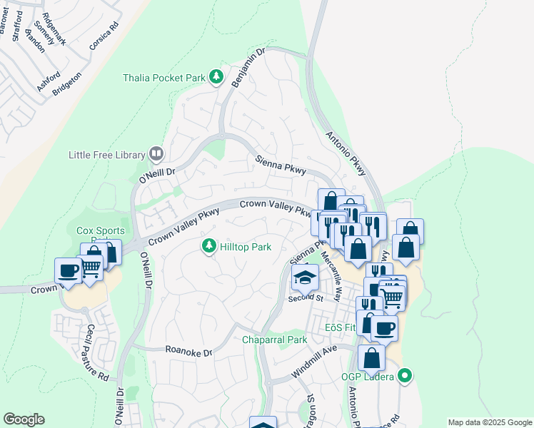 map of restaurants, bars, coffee shops, grocery stores, and more near 33 Chimney Lane in Ladera Ranch