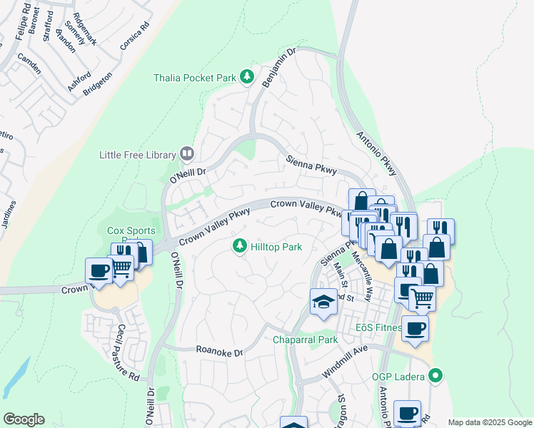 map of restaurants, bars, coffee shops, grocery stores, and more near 5 Cottage Hill in Ladera Ranch