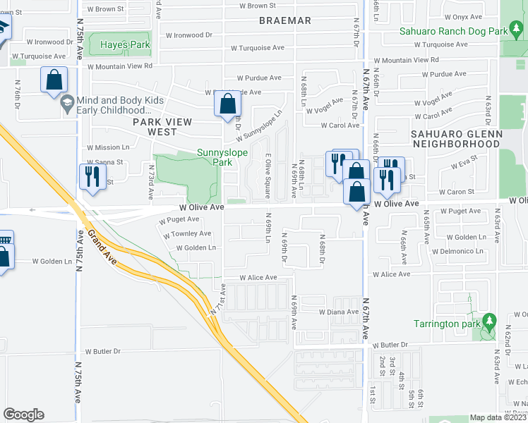map of restaurants, bars, coffee shops, grocery stores, and more near 8924 North 69th Lane in Peoria