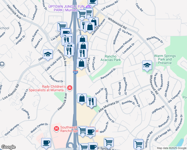 map of restaurants, bars, coffee shops, grocery stores, and more near 39886 Avenida Miguel Oeste in Murrieta