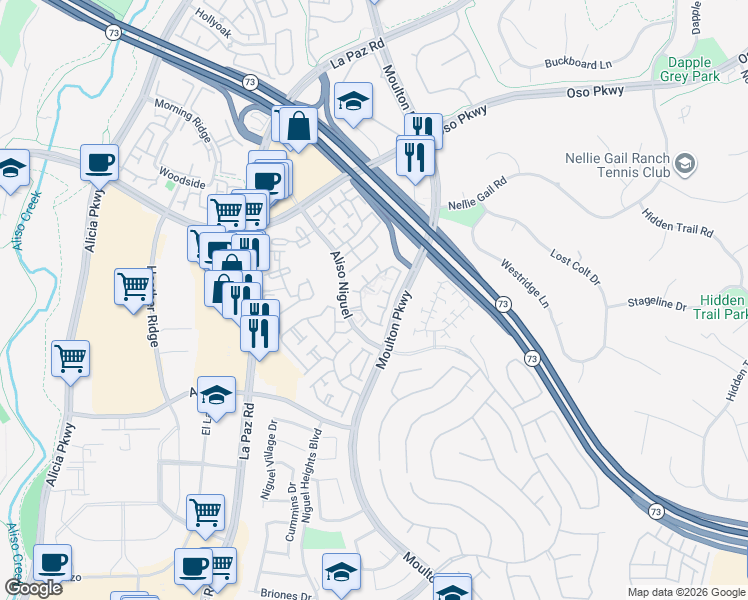 map of restaurants, bars, coffee shops, grocery stores, and more near 24481 Mozer Drive in Laguna Niguel