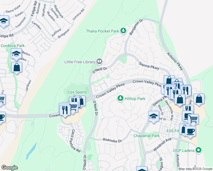 map of restaurants, bars, coffee shops, grocery stores, and more near 17 Lansdale Court in Mission Viejo