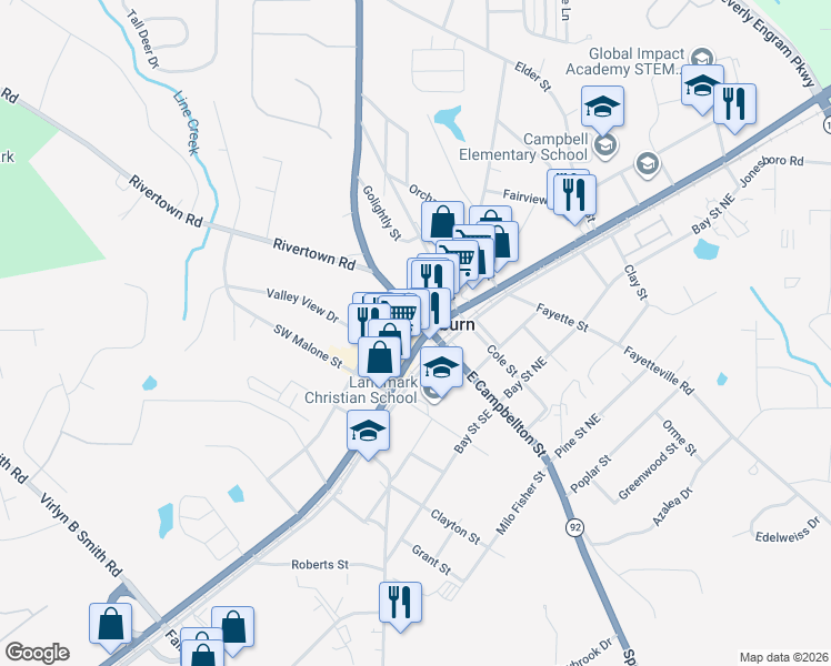 map of restaurants, bars, coffee shops, grocery stores, and more near 15 Southwest Broad Street in Fairburn