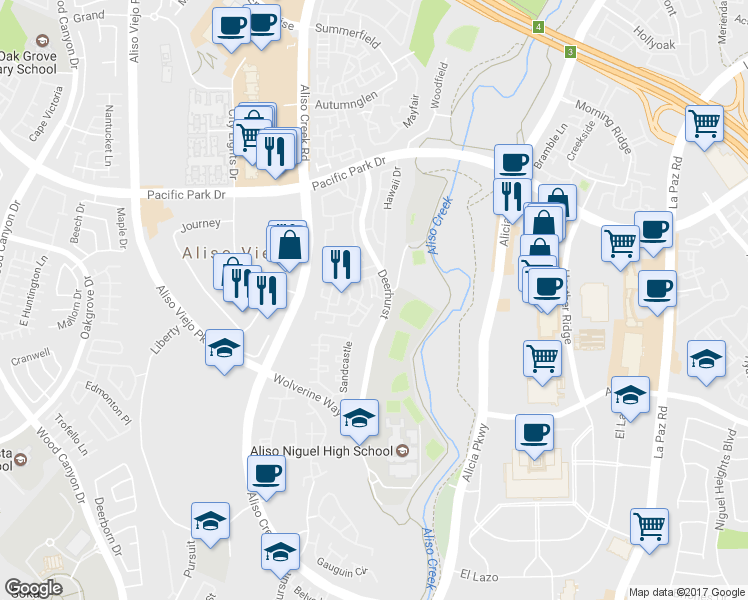 map of restaurants, bars, coffee shops, grocery stores, and more near 6 Sentinel Place in Aliso Viejo