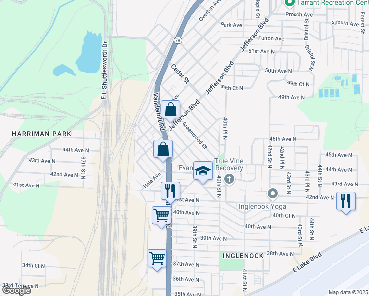 map of restaurants, bars, coffee shops, grocery stores, and more near 4300 Jackson Street in Birmingham